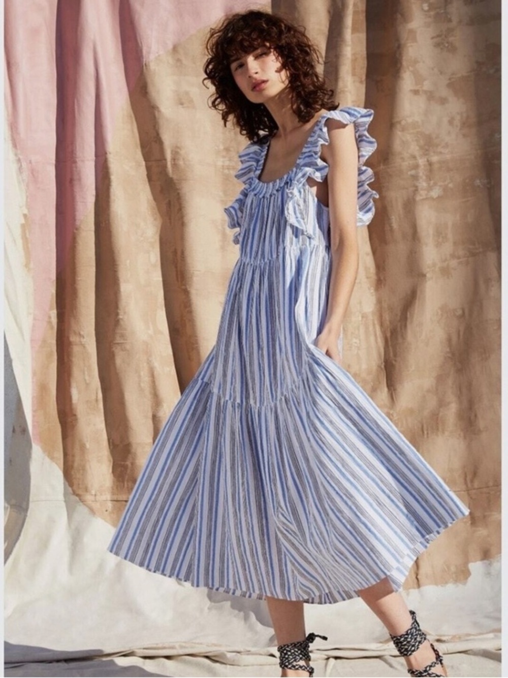 Apiece Apart Blue and White Striped Ruffle-Shoulder Midi Dress